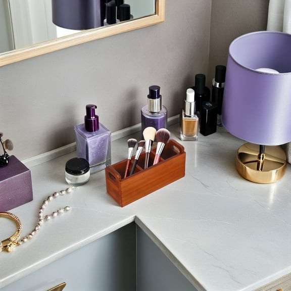 LOLIPPYY 3 Compartment Wood Makeup Brush Storage Box Portable Holder for Vanity Desk