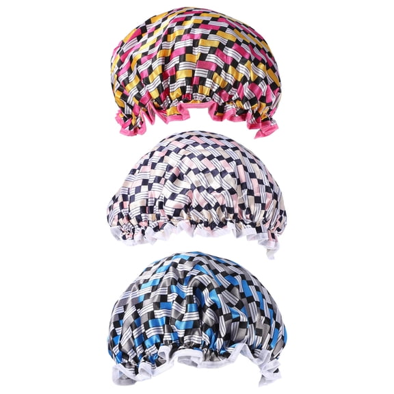 LOLIPPYY 3pcs Reusable Double Layer Shower Cap Assorted Color Polyester
