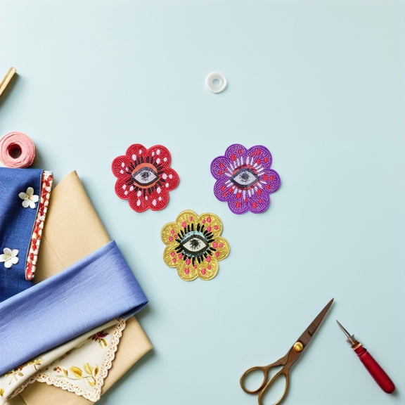LOLIPPYY 3-Pack Lightweight Embroidered Flower and Eye Applique Patches for Jackets, Jeans, Hats, Caps Sewing and Crafting