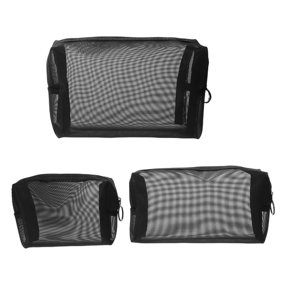 LOLIPPYY 3Pcs Mesh Travel Pouch Set Black Zippered Cosmetic Organizer Bags Portable Storage