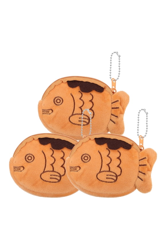 3-Pack Small Brown Fish-Shaped Plush Purses with Zipper, Compact Change Wallets, Perfect
