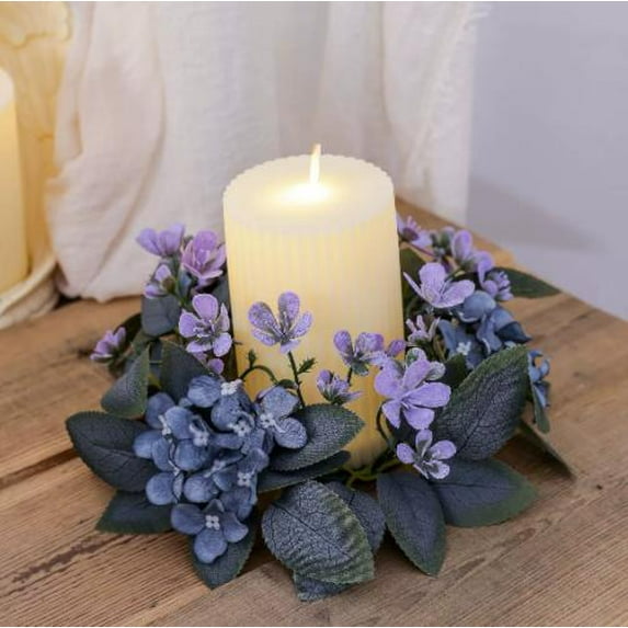 LOLIPPYY Set of 3 Floral Wreath Candle - Boho Style Garland Pillar Candle Holders for Wedding Decor, Hydrangea Artificial Flower Centerpiece