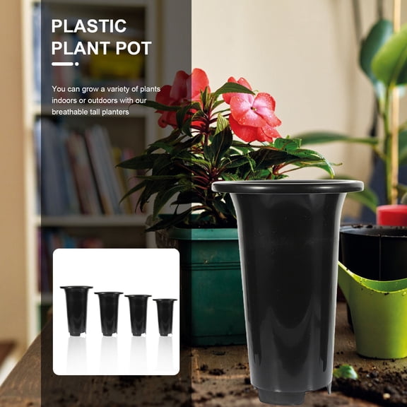 LOLIPPYY 4Pcs Black Plastic Flower Pots with Drainage Holes Breather Planters Durable for Indoor and Outdoor Plants