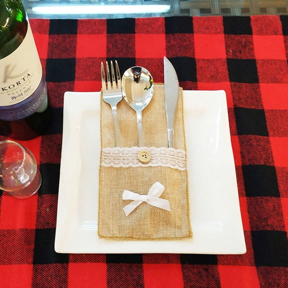 LOLIPPYY 4Pcs Christmas Linen Cutlery Storage Bags Khaki Silverware Holder Pouch Eco Friendly