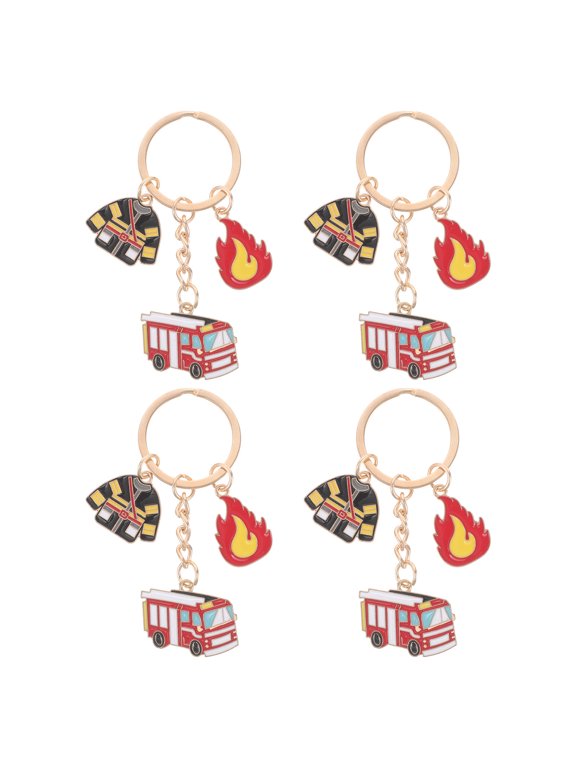 4-Pack Firefighter Keychains Fire Safety Alloy Keyrings Pendant for Backpack, Purse, Schoolbag Accessories