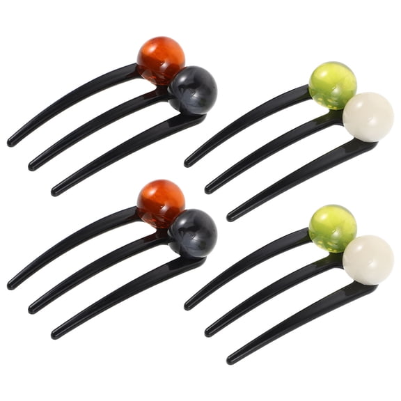 LOLIPPYY 4Pcs Hair Bun Maker Tool with Green Round Beads and Three Prong Plastic Hair Fork