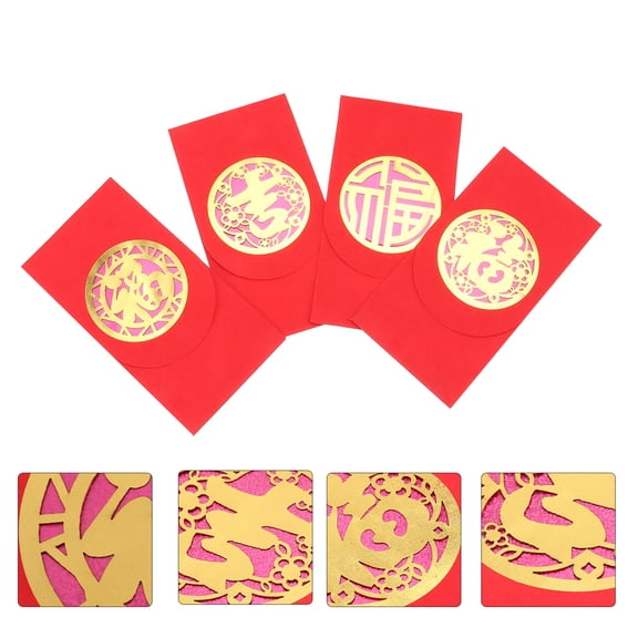 LOLIPPYY 4-Pack Red Envelopes for Spring Festival, Copper Paper Blessing Cards, Traditional Chinese Red Money Packets for Holidays