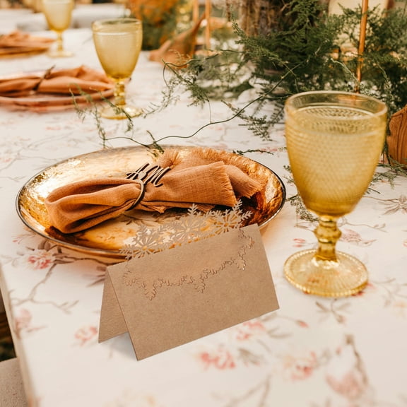LOLIPPYY 50Pcs Foldable Snowflake Name Place Cards Brown Kraft Paper for Holiday Dinner and Wedding Receptions