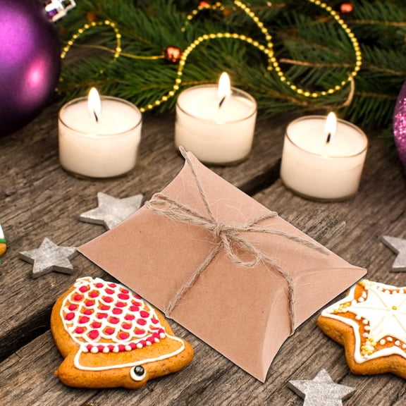 LOLIPPYY 50Pcs Kraft Paper Pillow Boxes with Rope in Light Brown for Small Candy Packaging Storage