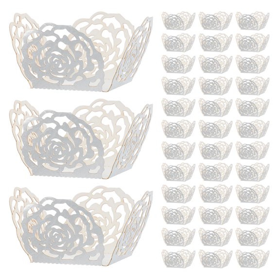 LOLIPPYY 50Pcs Plated Silver Paper Cupcake Baking Cups with Reflective Rose Lace for Chocolate and Dessert