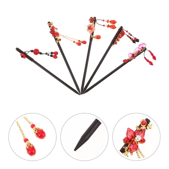 LOLIPPYY 5Pcs Chinese Hair Stick with Red Tassels Traditional Hanfu Hairpin for Elegant Bridal Updo Decoration