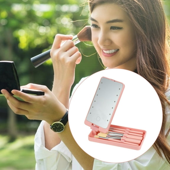 LOLIPPYY 5Pcs Folding Pink LED Vanity Mirror with Brush Holder for Clear Makeup Application