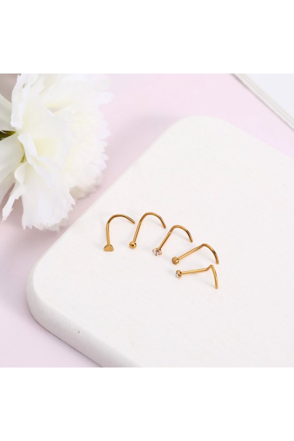 5-Pack Heart Nose Set with L-Shaped Corkscrew Design, Stylish Nose Piercing for Women