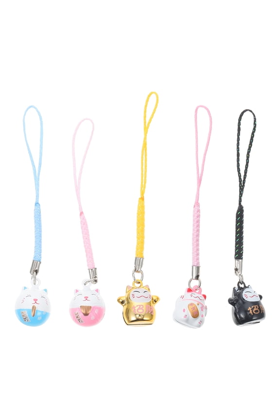 5Pcs Lucky Cat Keychains with Bell Pet Pendant Phone Lanyard Decor