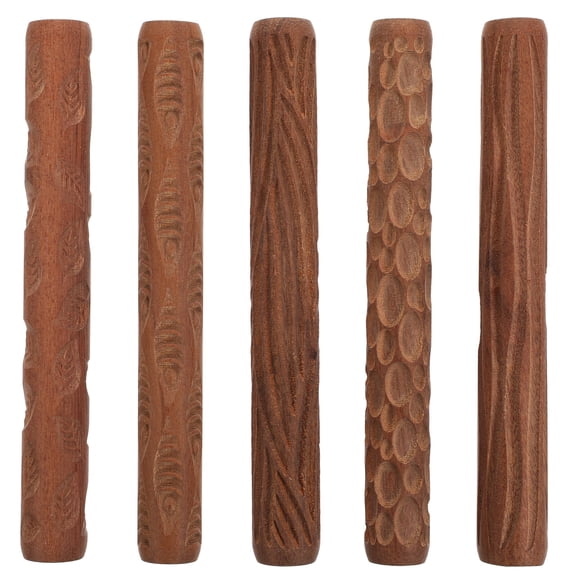 LOLIPPYY 5-Piece Wooden Handle Pottery Tools Set with Clay Modeling Pattern Rollers Kit in Coffee Color
