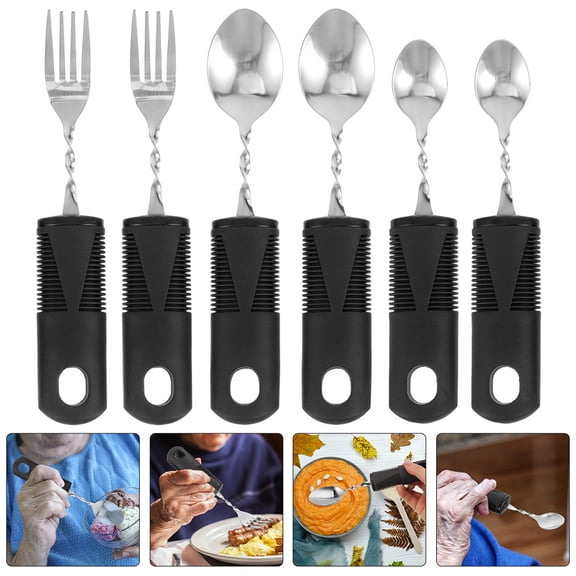 LOLIPPYY 6 Pieces Adaptive Eating Utensils Set Stainless Steel Black Ergonomic Design for Disabled