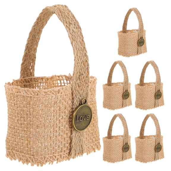 LOLIPPYY 6Pcs Beige Burlap Wedding Favor Basket Candy Holder Rustic Ceremony Party Accessory