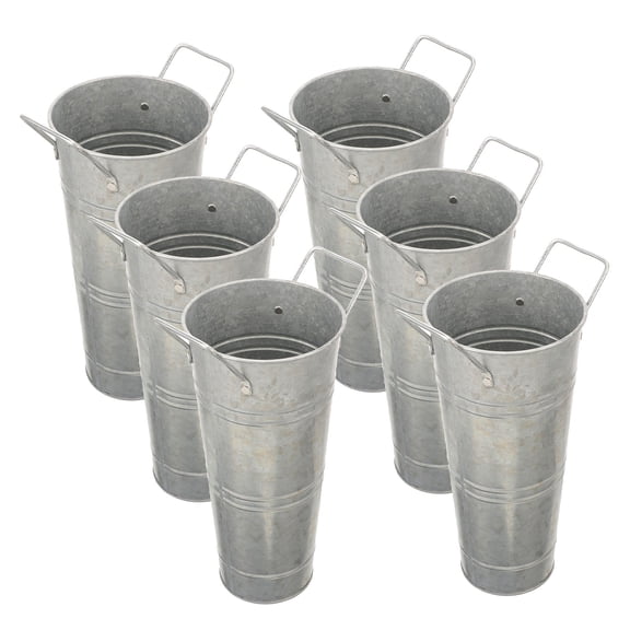 LOLIPPYY 6Pcs Farmhouse Rustic Metal Flower Buckets Plated Silver Galvanized Vases with Handles for Centerpieces