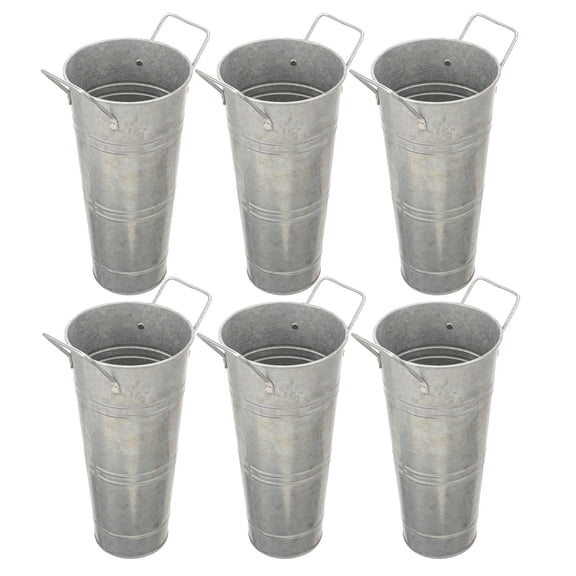 LOLIPPYY 6Pcs Farmhouse Rustic Metal Flower Buckets Plated Silver Galvanized Vases with Handles for Centerpieces