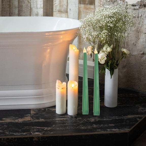 LOLIPPYY 6Pcs LED Flameless Battery Candles Green Taper Candlesticks for Holiday Table Decor