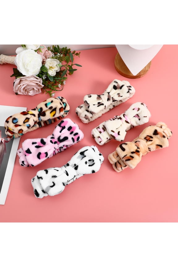 6-Pack Leopard Print Plush Bowknot Headbands for Spa, Facial Hair, Makeup, and Skincare Use