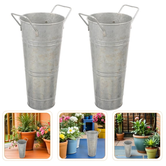 LOLIPPYY 6Pcs Rustic Metal Flower Buckets Plated Silver Galvanized with Handles Ideal for Wedding Display