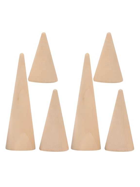 6-Pack Wood Cone Ring Holder in Khaki, Durable Wooden Ring Display Stand for Jewelry Organization and Storage