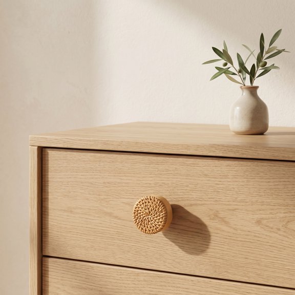 LOLIPPYY 6Pcs Woven Round Rattan Dresser Knobs with Wood Handles Decorative Cabinet Pulls Light Brown