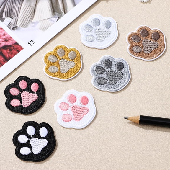 LOLIPPYY 7-Pack Colorful Paw Print Iron-On Patches, Assorted Polyester Paw Shapes for Clothes, Back to School Accessories