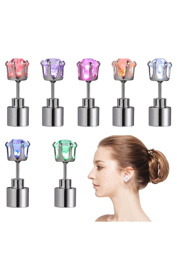 7Pcs Light Up LED Earrings Studs Assorted Color Stainless Steel Glowing Flashing for Party Decoration