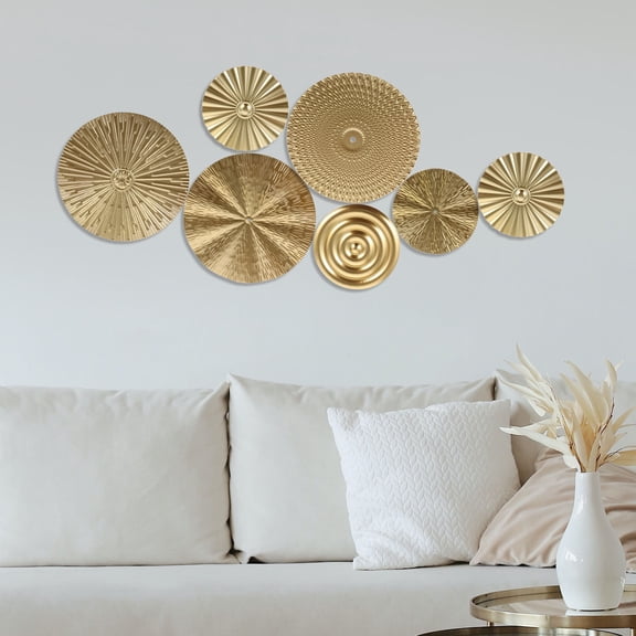 LOLIPPYY 7pcs Metal Circle Wall Art Set Gold Hanging Sculpture Modern Decor for Living Room Bedroom 2 Sizes 9.6 and 6 Inches