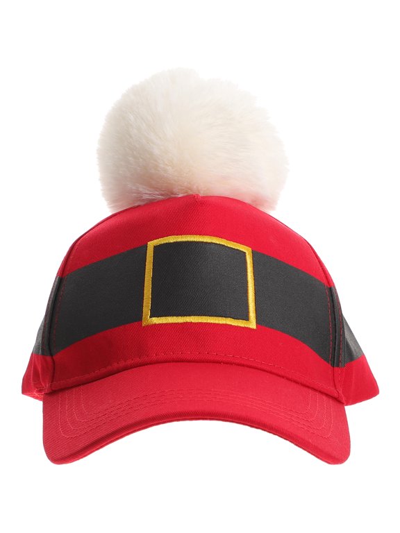 Red Nylon Christmas Cap with Plush Pom Pom Baseball Hat