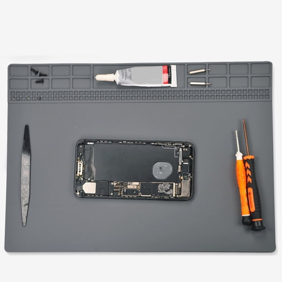 LOLIPPYY Anti-Static Silicone Work Mat with Screw Storage Compartments, Repair Station Desk Pad in Dark Grey