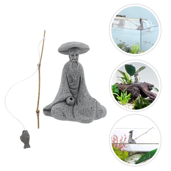 LOLIPPYY Fish Tank Ornament Fisherman Statue Grey Landscape Design Decoration 1 Pcs