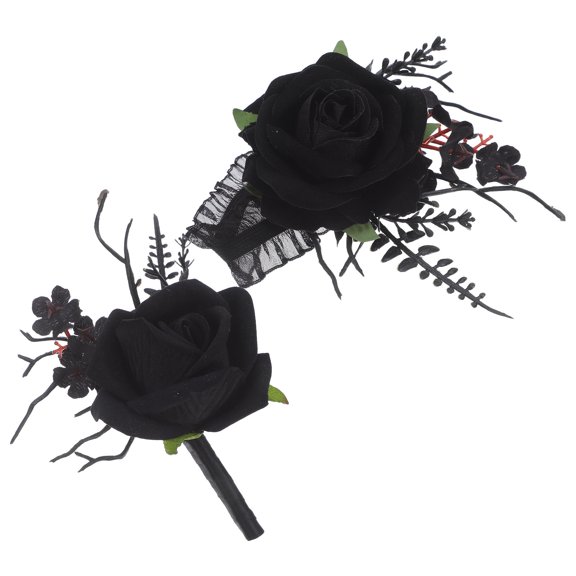 LOLIPPYY Artificial Black Rose Wrist Corsage and Boutonniere Set for Dark Wedding Style