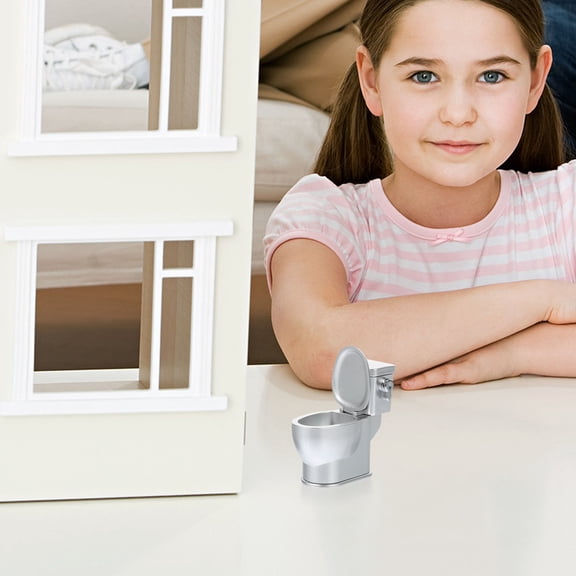 LOLIPPYY Bathroom Model Plaything 1Set Miniature Dollhouse Toilet Collectors Silver 6.00X5.50X3.10CM