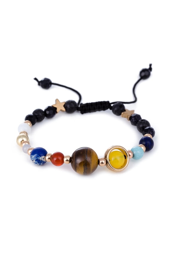 Beaded Stone Bangle Bracelet with Nine Planets Universe Design, Comfortable Fit, Unique Space Jewelry