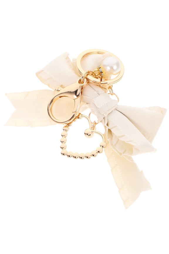 Beige Bowknot Keychain with Faux Heart Pendant for Decor, Ribbon and Zinc Alloy Material