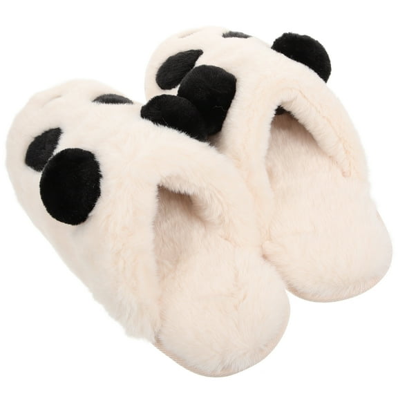 LOLIPPYY Beige Cartoon Panda Plush Slippers for Home Use Comfortable Indoor Shoes for Women's Size 7.58.5