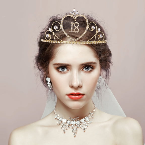 LOLIPPYY Birthday Crown Alloy Rhinestone Golden Elegant Hair Accessory for Party Decoration 18 Years Old