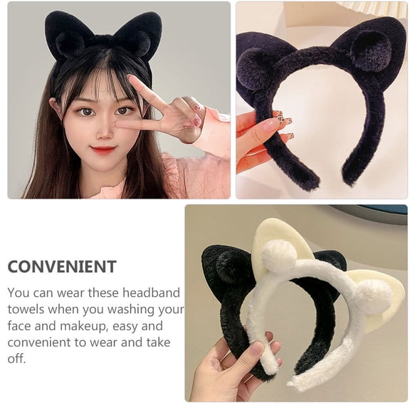 LOLIPPYY Black Cat Ears Hard Hairband Fluffy ABS for Makeup and Costume 2Pcs
