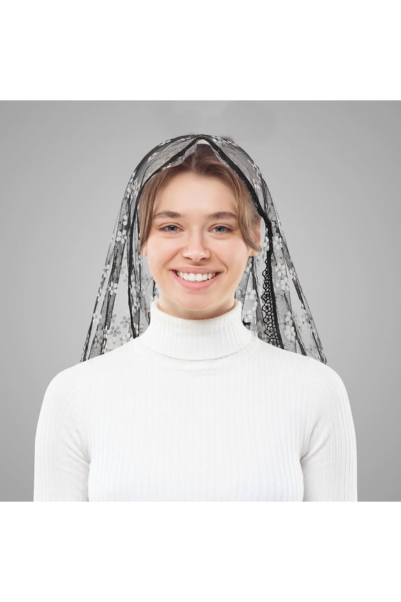 Black Catholic Lace Scarf Triangle Shawl with Embroidered Floral Appliques and Tassels