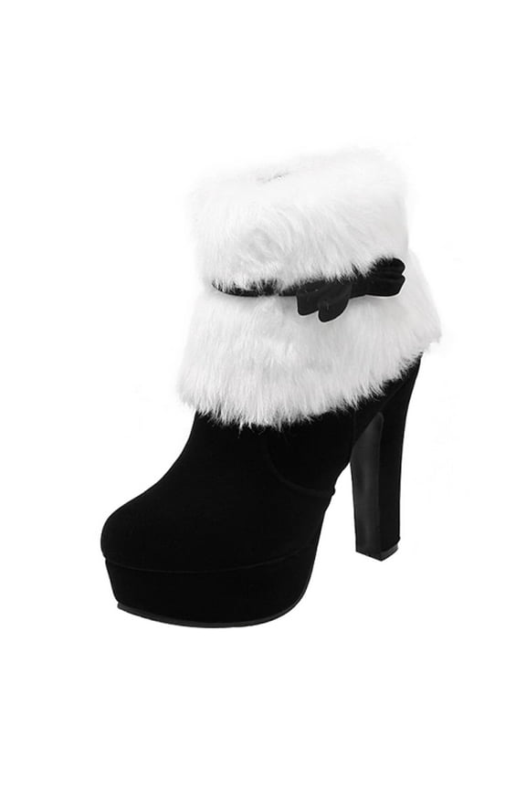 Black Chunky Heel Winter Boots High Heel Platform Ankle Shoes Faux Wool 1 Pair Nonslip