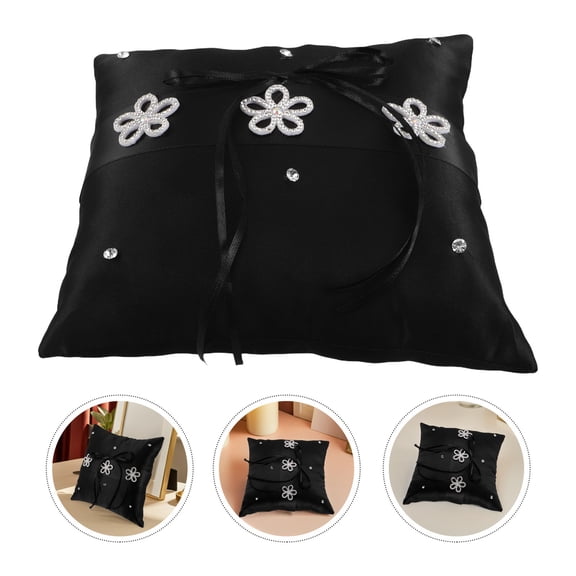 LOLIPPYY Black Fabric Ring Pillow with Delicate Lace for Classic Wedding Ceremony Use
