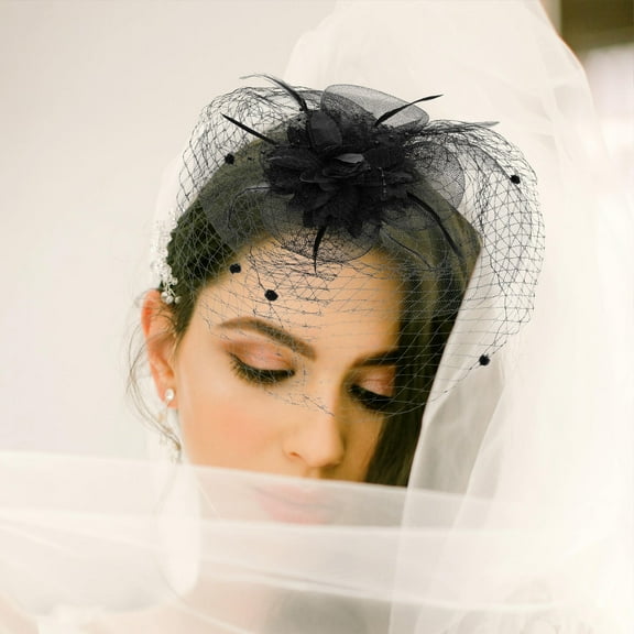LOLIPPYY Black Fascinator Headband with Mesh Veil and Flowers for Wedding and Tea Party Accessories