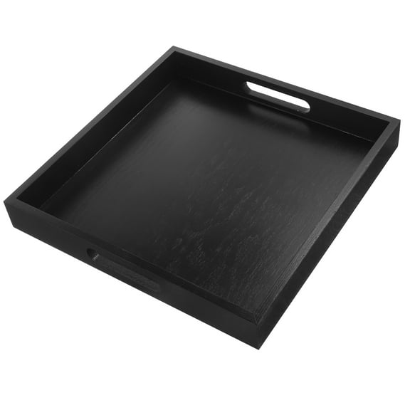 LOLIPPYY Black Kitchen Decorative Tray For Counter Wooden Snack Serving Plate With Handles 1Pack