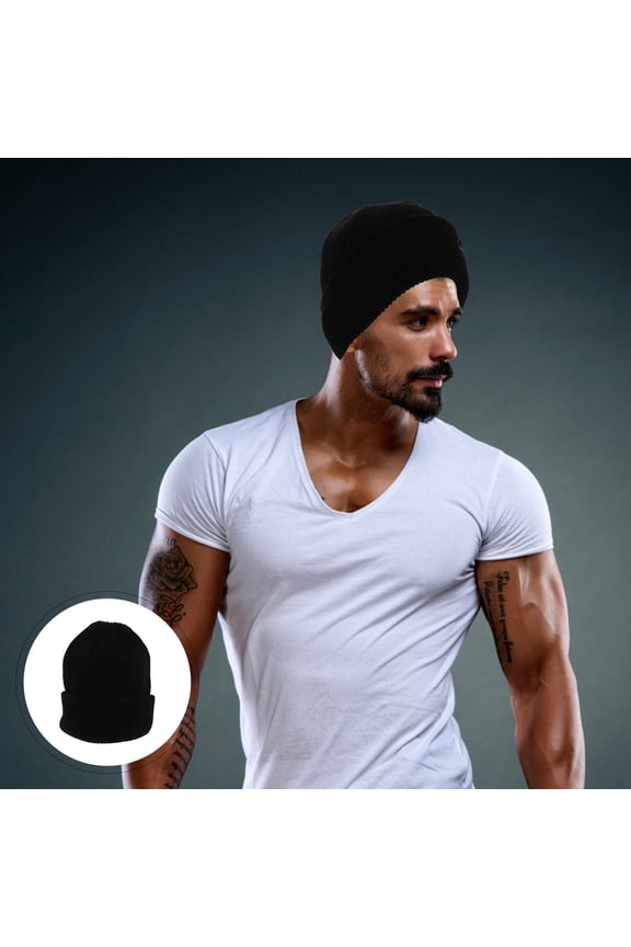Black Knitted Woolen Beanie Hat, Warm Winter Headwear for Men, Outdoor Windproof Cold Weather Cap