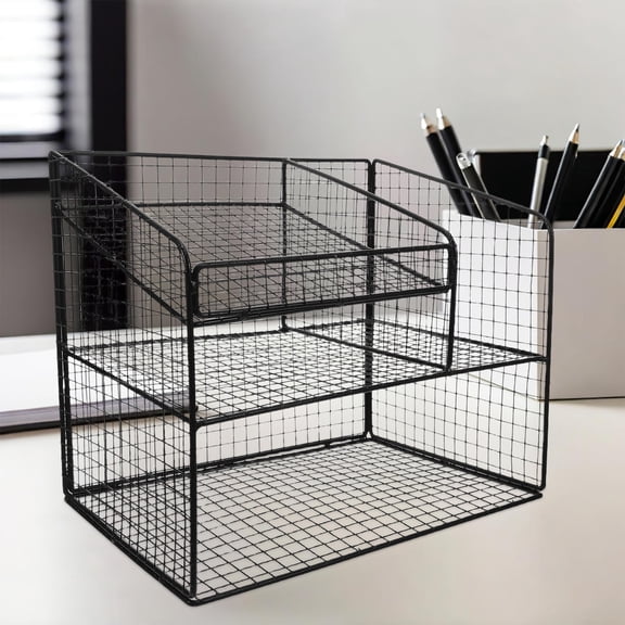 LOLIPPYY Black Metal Desk Organizer with Phone Stand and Three Tier Document Tray for Office Storage
