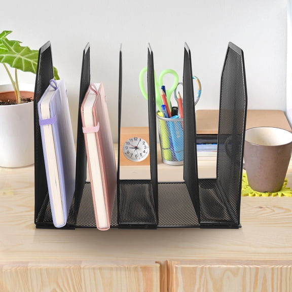 LOLIPPYY Black Metal File Organizer for Desk Space Saving Design with 5 Vertical Compartments for Home Office