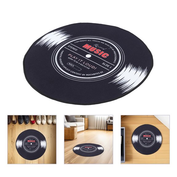 LOLIPPYY Black Vinyl Record Player Slipmat Rug with Retro Music Design for Home Non Slip Area Floor Mat